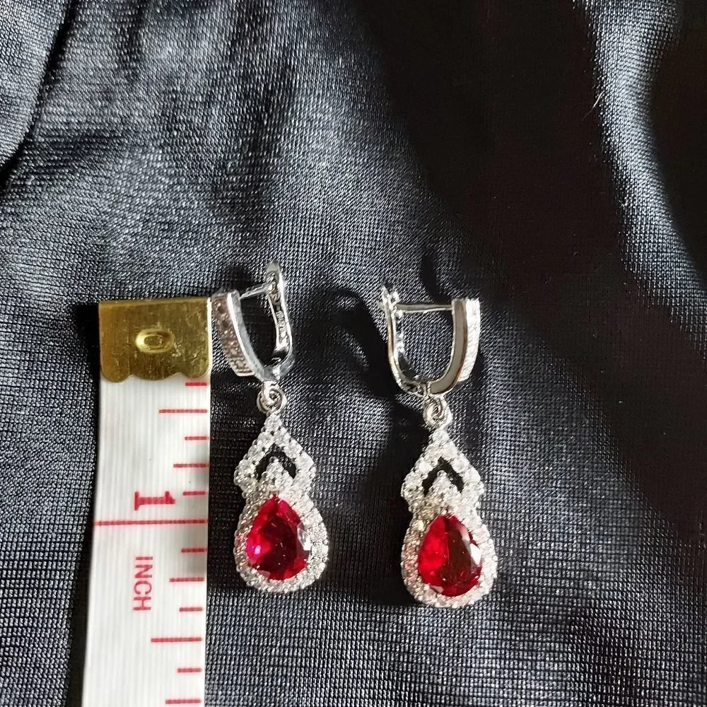 RUBY DIAMOND STERLING SILVER WATER DROP EARRINGS
